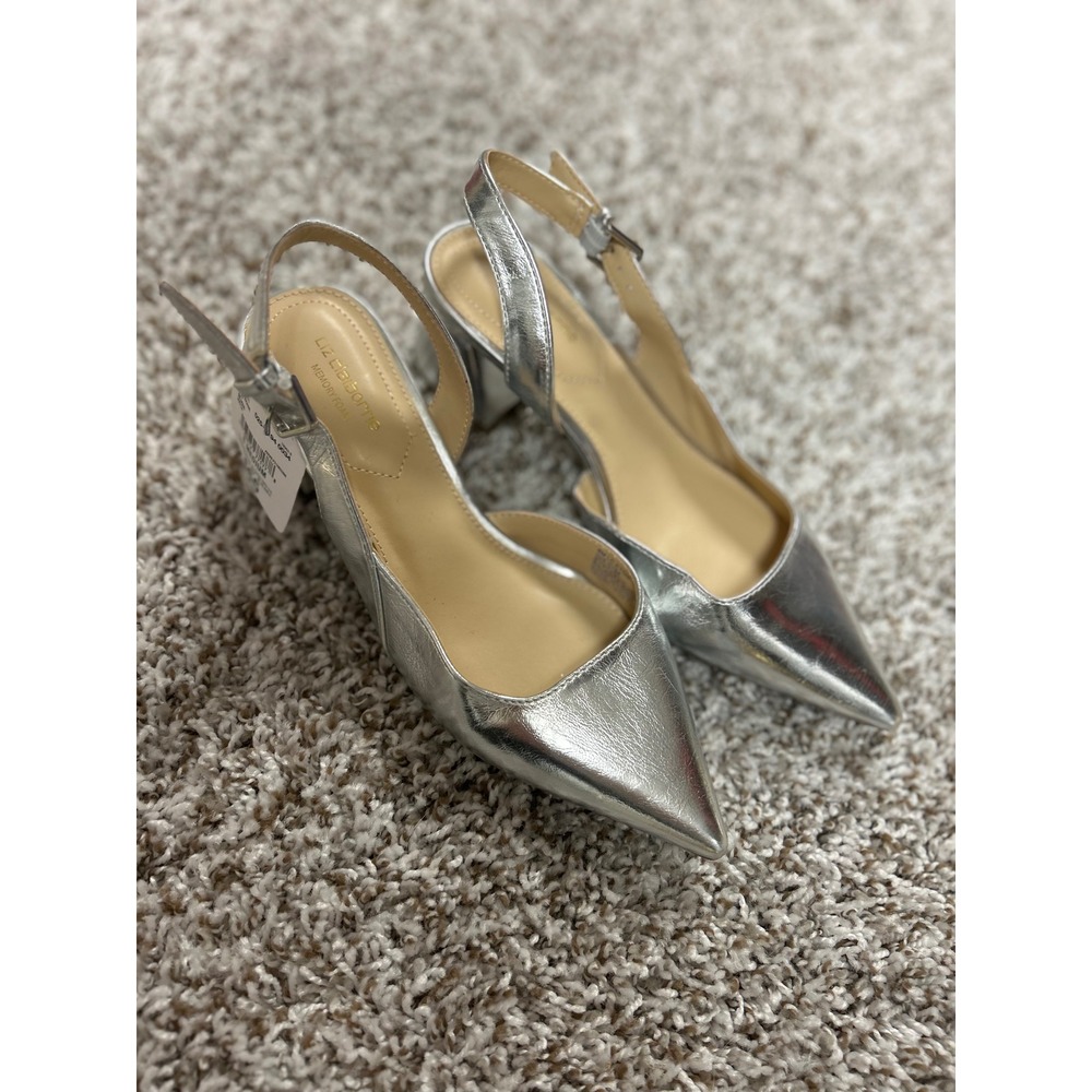 Liz Claiborne Womens Silver Metallic Slingback Block Heel Pointed Toe Pumps 6M